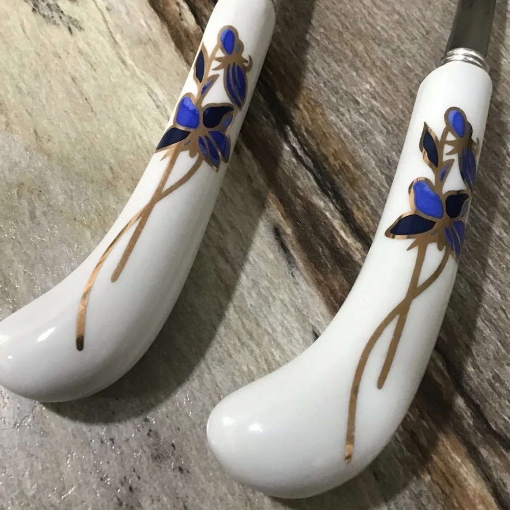 Vintage Salad Serving Set Blue Floral Porcelain Handle Spoon & Fork 8.5” Elegant